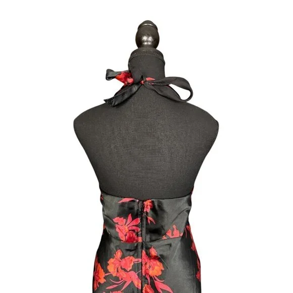 Vintage Y2K Floral Halter Cocktail Dress, Satin Asymmetrical Tiered Hem - Picture 8 of 10